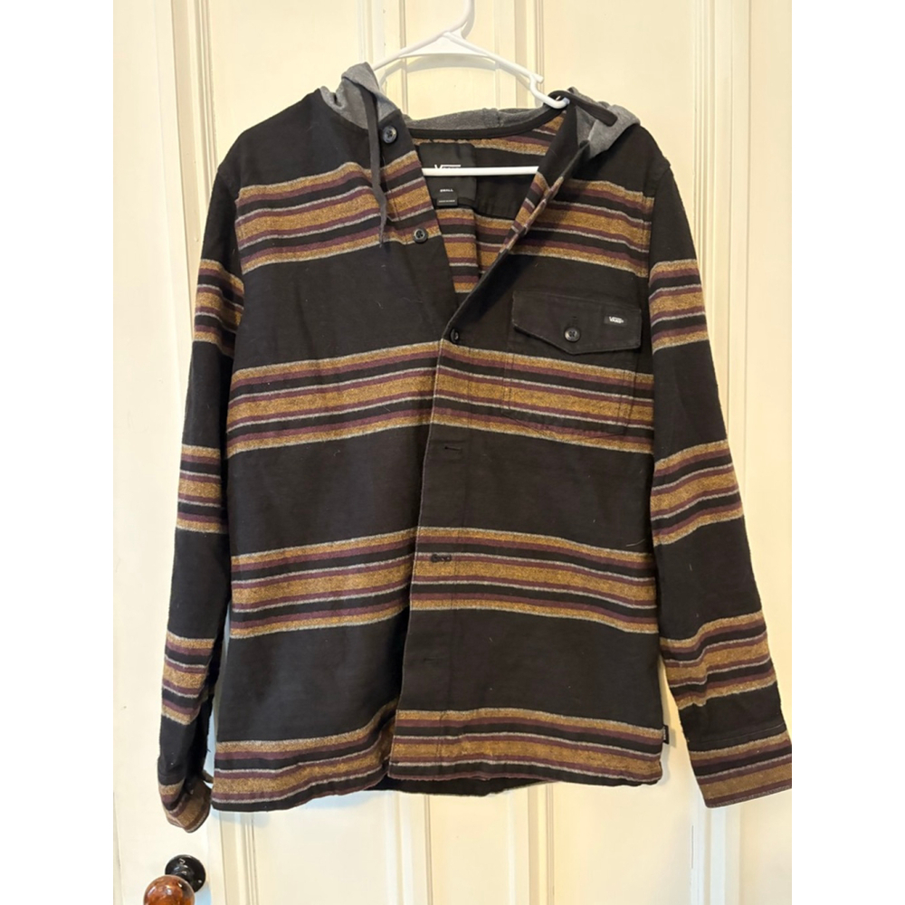 Vans mens Striped Black Brown Hooded Shirt Jacket S